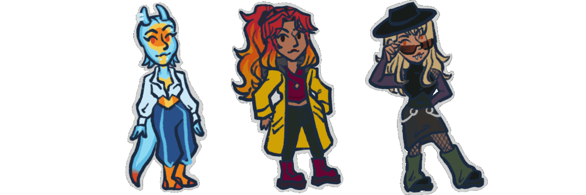 Animated GIF of sea anegl character, red headed girl with yellow coat, and blonde girl wearing sunglasses and a hat